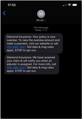 screenshot of personalized texts sent to a policyholder