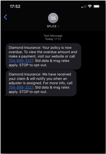 screenshot of personalized texts sent to a policyholder